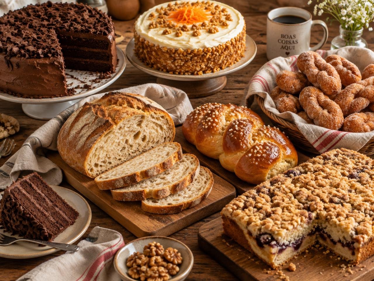 Mesa de madeira com bolos caseiros, pães, cavaquinhos e cuca